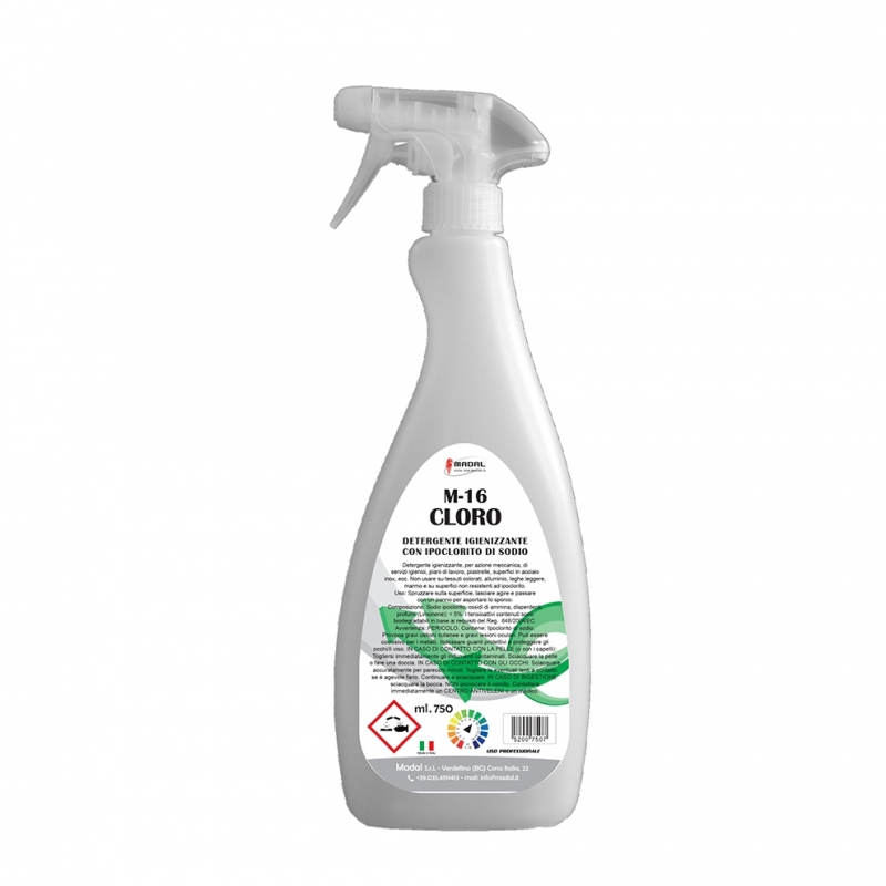 M16 detergente igienizzante cloroattivo per servizi igienici e superfici 750ml 