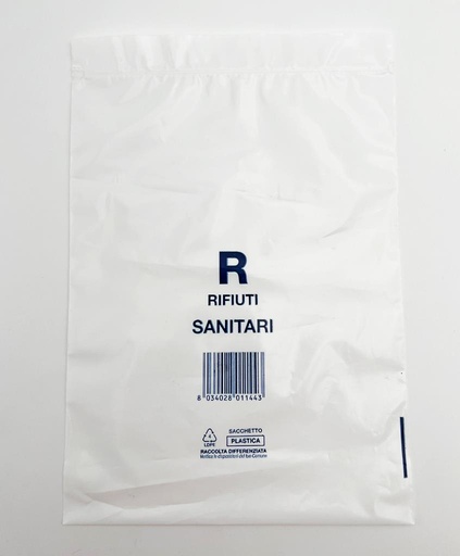 [MOR0923] Sacchetto per rifiuti sanitari 35x25cm, chiusura minigrip, stampa R
