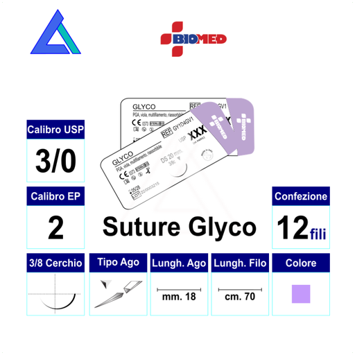 [DMM05036] Sutura Glyco DS24 USP 3-0 cm.70 - ago 3/8 triang.plurifilamento assorbibile